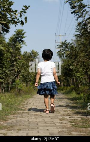 Portrait de la jeune fille indienne de Preschooler à pied seule sur la promenade dans le parc naturel vert Banque D'Images