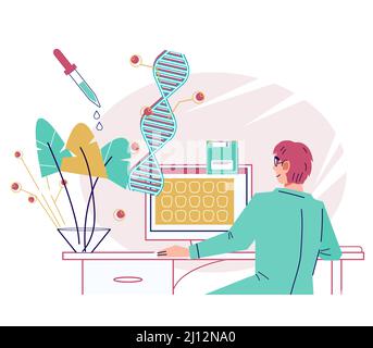 Recherche génétique médicale sur le concept de l'ADN, de la biotechnologie et de la bioingénierie. Un scientifique étudie le gène végétal ou humain pour la médecine et la pharmacie, vecteur plat Illustration de Vecteur