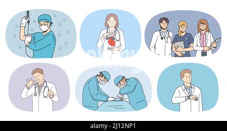 Un ensemble d'équipes de médecins divers aident les patients à l'hôpital. La collecte de travailleurs médicaux ou d'infirmières apporte de l'aide ou de l'aide aux personnes en clinique. Médecine et soins de santé. Illustration vectorielle. Illustration de Vecteur