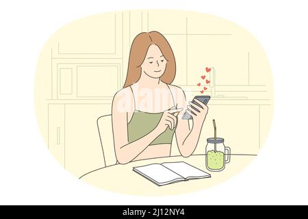 Concept de rencontres et de romantisme en ligne. Jeune femme positive assise à une table tenant un smartphone dans les mains bavardant et datant illustration vectorielle en ligne Illustration de Vecteur