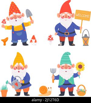 Personnages de gnome de dessin animé. Nains mignons tenant l'outil de jardinage comme arrosoir et pelle de creusement. Personnages adorables Illustration de Vecteur