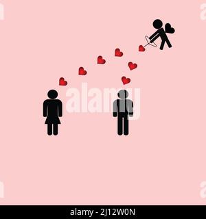 Cupido avec l'arc envoyant des coeurs à un homme et une femme Illustration de Vecteur