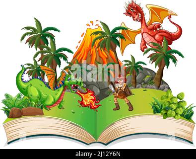 Livre de contes avec illustration de chevalier et de dragons Illustration de Vecteur