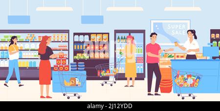 Les gens dans le supermarché de choisir la nourriture et de mettre dans les chariots. Homme et femme achetant des produits dans l'épicerie Illustration de Vecteur