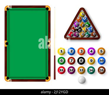 Table de billard avec poches, balles, support triangulaire et repère. Équipement de sport de snooker réaliste, vue sur le dessus de la table de billard verte et ensemble de vecteur de balle Illustration de Vecteur