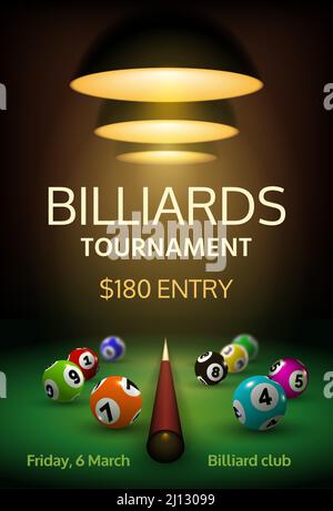 Affiche de tournoi de billard avec balles réalistes et repère sur table verte. Bannière vecteur 3D de snooker ou d'american pool sport Championship Illustration de Vecteur