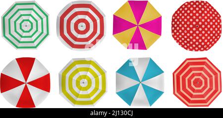 Parasol de plage réaliste motifs colorés vue du dessus. Parasols à pois et rayures. Parasols de piscine d'été pour ensemble de vecteur d'ombre Illustration de Vecteur