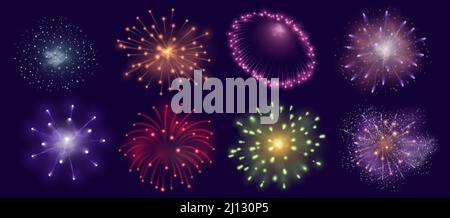 Feux d'artifice réalistes pour les fêtes, les fêtes ou les fêtes. Explosion de Firecracker pour le carnaval de diwali. Ensemble de vecteurs de feu d'artifice pour ciel nocturne Illustration de Vecteur