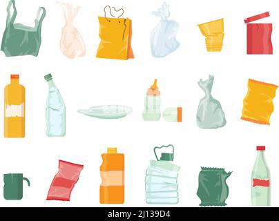 Pollution par les déchets de plastique, sacs, bouteilles, vaisselle jetable et paquet. Tri des déchets et recyclage des déchets plastiques. Ensemble de vecteurs de corbeille de dessin animé Illustration de Vecteur