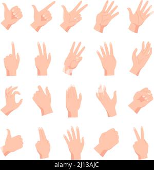 Caricature hommes femmes ou hommes les mains pose et les gestes. Main tenant, pointant, poing, paix et expression de paume ouverte. Ensemble de vecteurs de position du bras Illustration de Vecteur