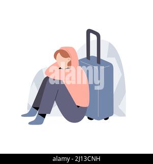 Jeune réfugiée assise sur le sol avec sa valise, échappant à la guerre, à la recherche d'un abri, personnage de dessin animé, illustration vectorielle Illustration de Vecteur