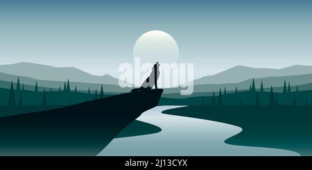 le loup hurle dans un paysage naturel bleu pleine lune Illustration de Vecteur