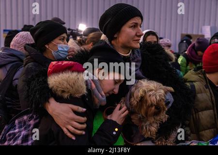 Les réfugiés d'Ukraine ont atteint le point central de collecte des réfugiés dans un centre logistique près de Korczowa, dans la zone frontalière entre la Pologne et l'Ukraine. Ici, ils sont fournis avec de la nourriture et des vêtements et ensuite transportés en bus vers d'autres villes. Banque D'Images