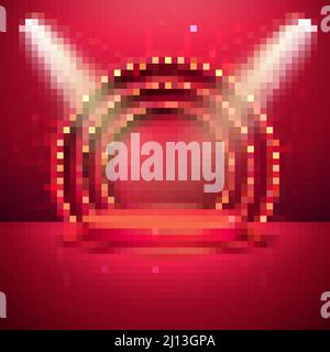 Celebration Design avec podium de scène et éclairage pour la cérémonie de remise des prix sur fond rouge. Illustration de fête vectorielle avec Spotlight pour la circulaire, le message d'accueil Illustration de Vecteur