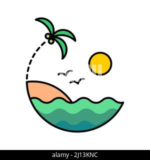 Desert Island. Plage tropicale. Concept de vacances, de voyages, de tourisme. Vue sur la mer avec sable, soleil, cococotier et oiseaux. Vacances d'été. Vecteur Illustration de Vecteur