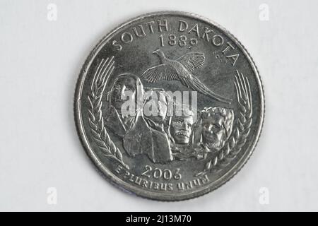 Une pièce d'un quart de dollar (25 cents) avec l'image du Dakota du Sud (État de Mount Rushmore), États-Unis. Banque D'Images