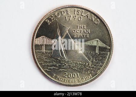 Une pièce d'un quart de dollar (25 cents) avec l'image de Rhode Island (l'État de l'océan), États-Unis. Banque D'Images