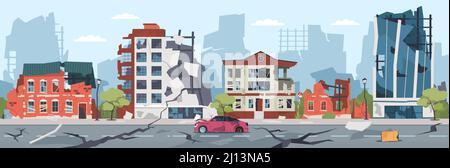 Illustration de la ville de catastrophe naturelle. La destruction du tremblement de terre. Paysage urbain aux routes fissurées et maisons détruites. Paysage urbain ruiné. Endommagé Illustration de Vecteur