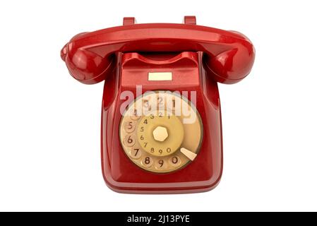 Ancien téléphon à cadran rotatif rouge isolé sur fond blanc, masque, vue de dessus Banque D'Images