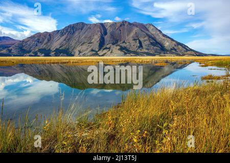 La montagne des moutons se reflète en automne dans le lac Kluane, dans le parc national et réserve Kluane, territoire du Yukon, Canada. Banque D'Images