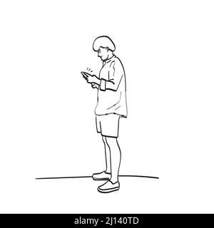 dessin au trait sur toute la longueur de l'homme à l'aide d'un vecteur d'illustration de smartphone dessiné à la main isolé sur fond blanc Illustration de Vecteur