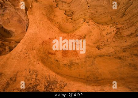 Le Hueco Pictograph Panel est situé dans une alcôve de Seven Mile Canyon, près de Moab, Utah. Les peintures ont été faites dans le style de Barrier Canyon vers 30 Banque D'Images