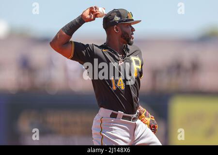 Port Charlotte, FL États-Unis : Rodolfo Castro (14 ans), troisième joueur de base des Pirates de Pittsburgh, lance en premier lors d'un match de baseball d'entraînement de printemps contre les Tampa Banque D'Images