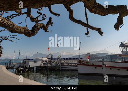 Lucerne, Suisse, le 10 mars 2022 Promenade de l'eau au beau lac par une journée ensoleillée Banque D'Images