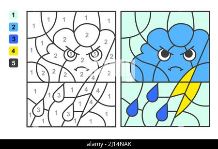 La couleur par les chiffres est un nuage et un peu. Jeu de puzzle pour l'éducation des enfants, couleurs pour le dessin et l'apprentissage des mathématiques Illustration de Vecteur