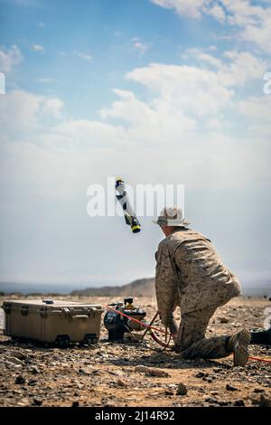 Twentynine Palms, États-Unis d'Amérique. 24 septembre 2021. Caporal de lance du corps des Marines des États-Unis Brandon Janik, un rifleman du 1st Bataillon, 3D Marines, lance un système de missiles aériens miniatures létaux Switchblade 300 lors d'un exercice d'entraînement au Marine corps combat Center Twentynine Palms, le 24 septembre 2021 à Twentynine Palms, Californie. Crédit : Cpl. Alexis Moradian/US Marine corps/Alamy Live News Banque D'Images