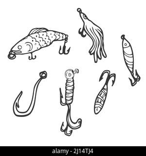 Pêche à la caniche. Abstrait appâts contemporains de pêche de différentes tailles et formes pour pêcheurs à la ligne. Accessoires de pêcheur colorés dessinés à la main avec crochets. Illustration de Vecteur