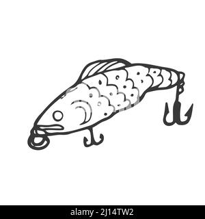 Pêche à la caniche. Abstrait appâts contemporains de pêche de différentes tailles et formes pour pêcheurs à la ligne. Accessoires de pêcheur colorés dessinés à la main avec crochets. Illustration de Vecteur