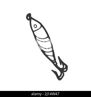 Pêche à la caniche. Abstrait appâts contemporains de pêche de différentes tailles et formes pour pêcheurs à la ligne. Accessoires de pêcheur colorés dessinés à la main avec crochets. Illustration de Vecteur