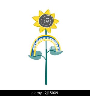 Joli tournesol tenant un arc-en-ciel en arc-en-ciel de drapeau ukrainien jaune et bleu. Espoir et paix. Illustration vectorielle isolée sur blanc Illustration de Vecteur