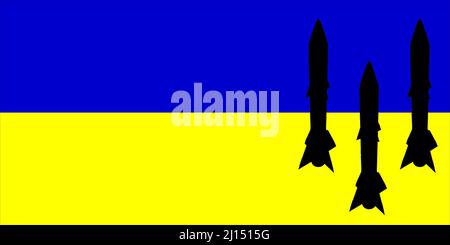 Ukraine. Armes nucléaires. Drapeau ukrainien avec symbole d'armes nucléaires et silhouette de missile. Illustration du drapeau de l'Ukraine. Conception horizontale. Banque D'Images