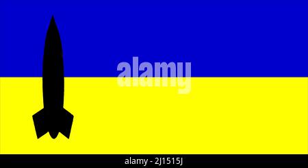 Ukraine. Armes nucléaires. Drapeau ukrainien avec symbole d'armes nucléaires et silhouette de missile. Illustration du drapeau de l'Ukraine. Conception horizontale. Banque D'Images