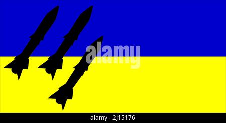 Ukraine. Armes nucléaires. Drapeau ukrainien avec symbole d'armes nucléaires et silhouette de missile. Illustration du drapeau de l'Ukraine. Conception horizontale. Banque D'Images