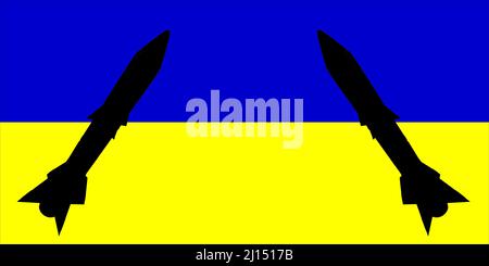 Ukraine. Armes nucléaires. Drapeau ukrainien avec symbole d'armes nucléaires et silhouette de missile. Illustration du drapeau de l'Ukraine. Conception horizontale. Banque D'Images