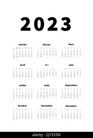 calendrier vertical simple de 2023 ans en français, calendrier typographique isolé sur blanc Illustration de Vecteur