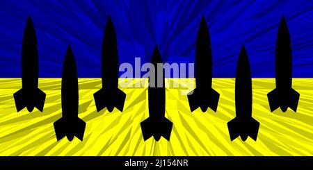 Ukraine. Armes nucléaires. Drapeau ukrainien avec symbole d'armes nucléaires et silhouette de missile. Illustration du drapeau de l'Ukraine. Conception horizontale. Banque D'Images