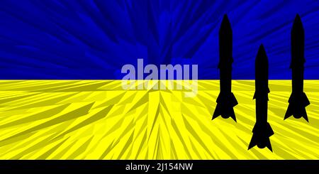 Ukraine. Armes nucléaires. Drapeau ukrainien avec symbole d'armes nucléaires et silhouette de missile. Illustration du drapeau de l'Ukraine. Conception horizontale. Banque D'Images