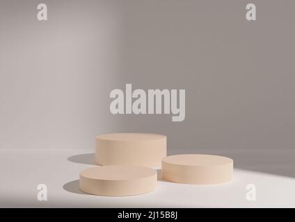 Trois podiums ou supports pastel et jaune clair sur fond blanc et gris clair pour l'affichage du produit. Composition minimale pour la photographie de produit 3D rende Banque D'Images