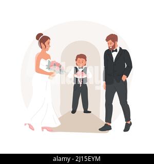 Illustration de vecteur de dessin animé isolé de support d'anneau. Mignon garçon porte des anneaux à la mariée et marié sur le petit coussin, couple se marier, la vie de famille, cérémonie de mariage, célébration vecteur de dessin animé. Illustration de Vecteur