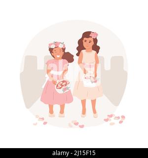 Illustration vectorielle de dessin animé isolée de fille de fleur. Petites filles mignonnes dans des robes tenant des paniers avec des fleurs, demoiselle d'honneur junior, se marier, cérémonie de mariage tradition vecteur de dessin animé. Illustration de Vecteur