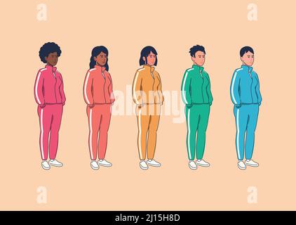 Divers groupes multiraciaux de femmes dans les survêtements de sport. Ensemble vectoriel de 5 personnes avec différents styles de cheveux et vêtements de sport. Illustration de Vecteur