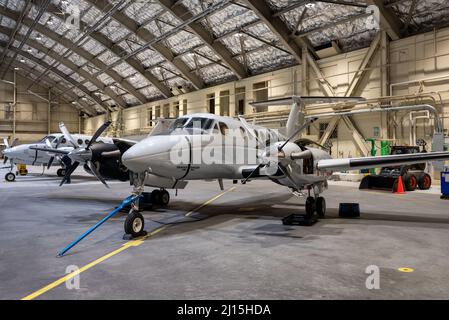 Un C-12F Huron affecté à l'escadron de transport aérien 517th se trouve dans un hangar, le 14 mars 2022, à la base interarmées Elmendorf-Richardson, en Alaska. Avec un équipage de deux personnes, le C-12F peut transporter jusqu'à huit passagers et a une capacité de chargement de 56 pieds cubes. (É.-U. Photo de la Force aérienne par Airman 1st classe Andrew Britten) Banque D'Images