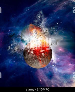 Impact entre les planètes formation de nouveaux mondes, big bang, Thée et Terre impact et formation de la Lune. Formation et création de l'univers. 3d Banque D'Images