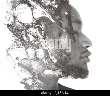 Peinture. Tableau chaotique combiné à un portrait d'un homme élégant Banque D'Images