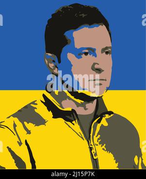 Volodymyr Zelenskyy président de l'ukraine, le sixième et président sortant de l'Ukraine. Couleurs Ukrain et œuvres d'art du président pour les tirages ou les autocollants. Illustration de Vecteur