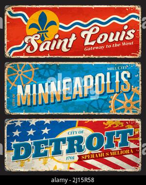 Detroit, Minneapolis et Saint Louis, plaques et autocollants de voyage pour les villes américaines. La ville des États-Unis grunge est un panneau en étain, une carte-souvenir vintage vectorielle ou une bannière avec des côtés déchiqués, un drapeau américain et une typographie rétro Illustration de Vecteur